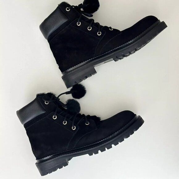 JIMMY CHOO Elba Black Leather Suede Pom Pom Flat Ankle Boots Size 38 - Picture 3 of 14